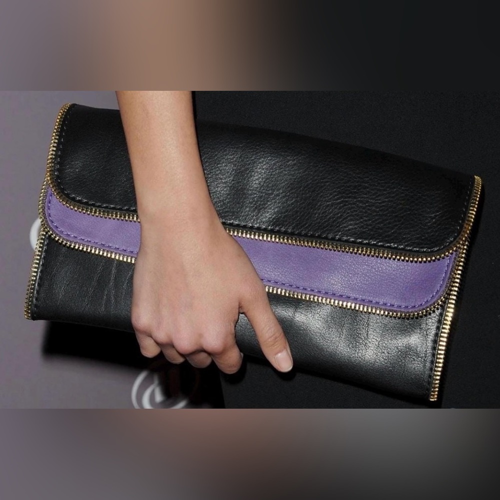 Y2K Leather Clutch with Gold Metal Zipper Edging